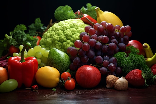 Foto una pila de frutas y verduras sentadas en la parte superior de una mesa de madera