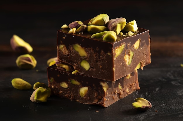 Una pila de fudge de chocolate con pistachos encima.