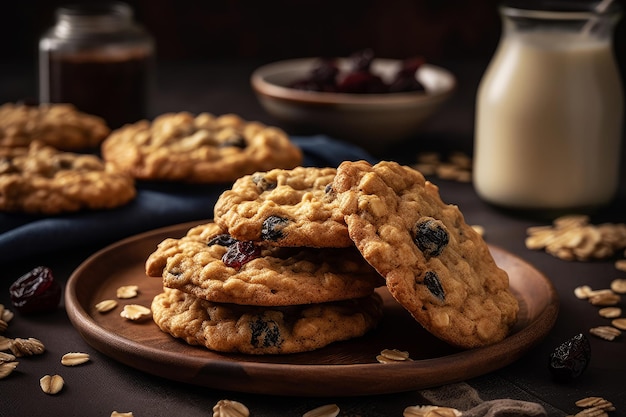 Una pila de galletas de avena en un plato con una botella de leche al fondo.