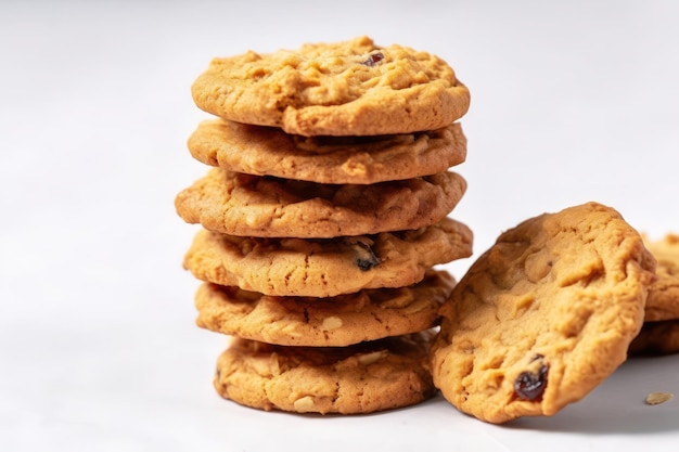 Pila de galletas de avena sobre un fondo blanco.