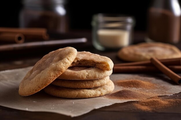 Una pila de galletas de azúcar con canela sobre una mesa con un vaso de leche detrás.