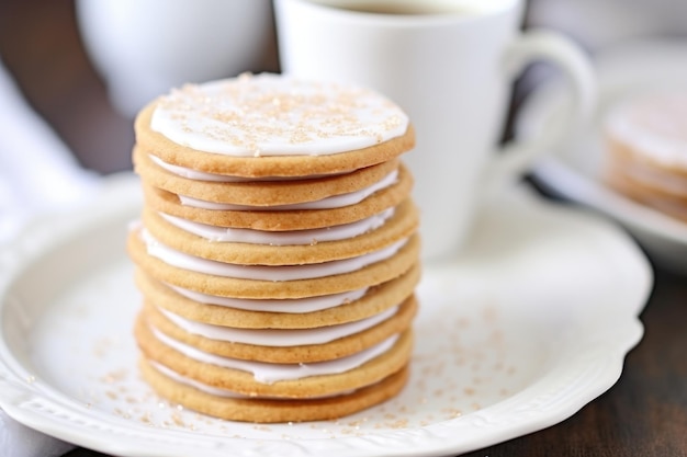 Pila de galletas de azúcar junto a una taza de café con leche