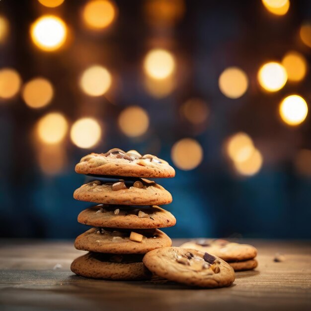 Foto una pila de galletas de chispas de chocolate con una cadena de luces detrás de ellos