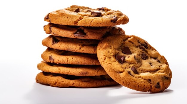 una pila de galletas con chispas de chocolate con un fondo blanco.