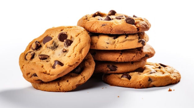 Una pila de galletas con chispas de chocolate con un fondo blanco.