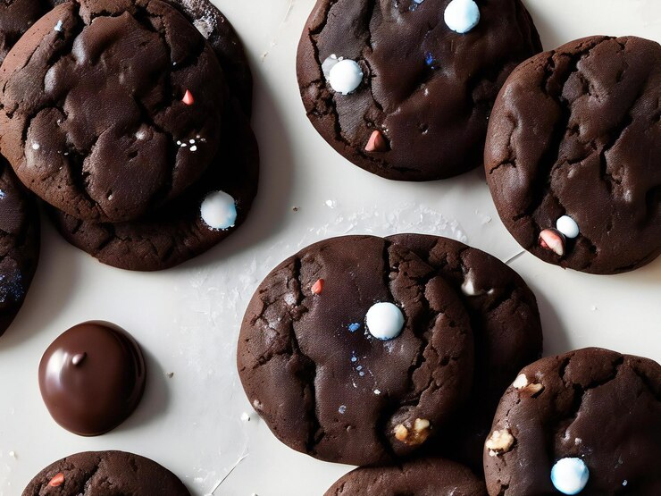 una pila de galletas de chispas de chocolate con un plato blanco de gallitas de chocolate en él