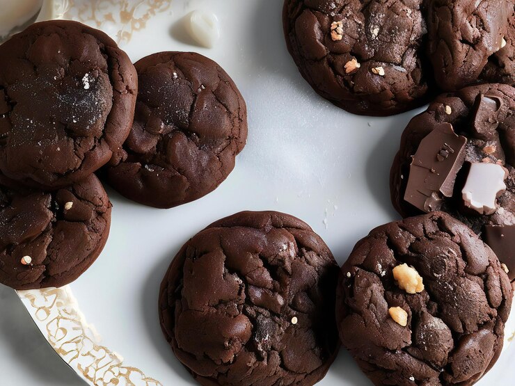 una pila de galletas de chispas de chocolate con un plato blanco de gallitas de chocolate en él