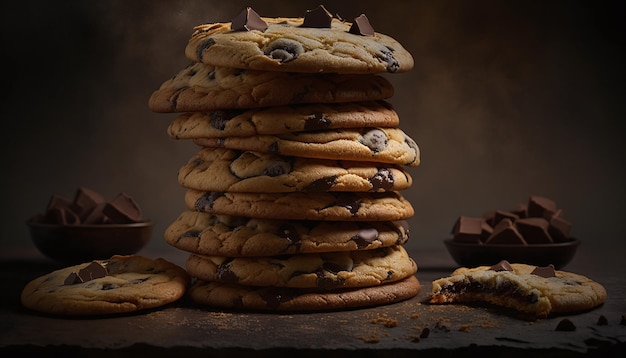 Una pila de galletas con chispas de chocolate con una que dice chispas de chocolate.