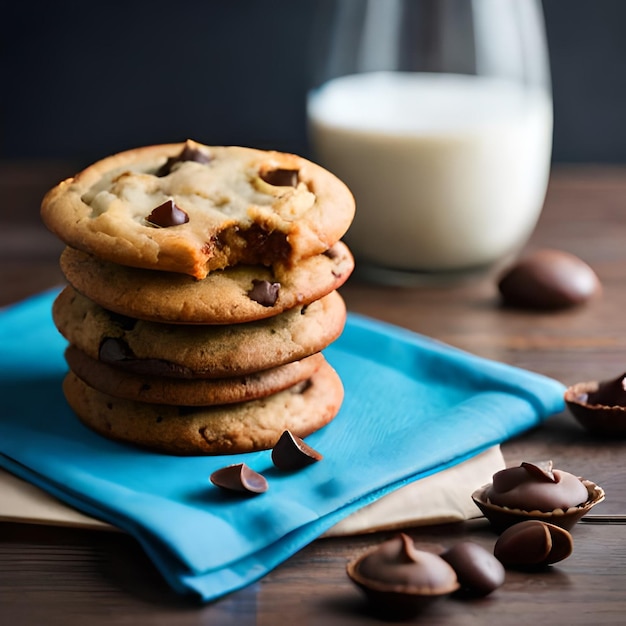 Una pila de galletas con chispas de chocolate con un vaso de leche en el fondo.