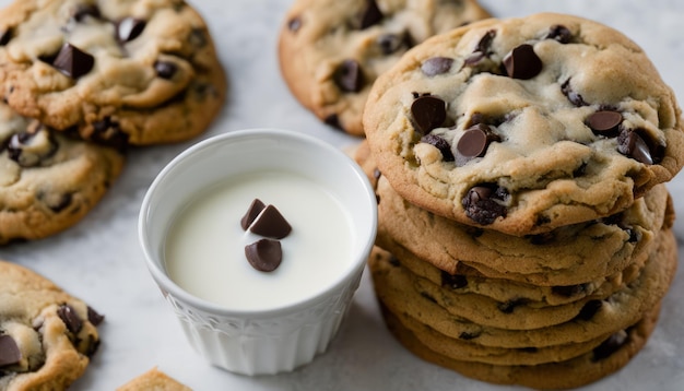 Una pila de galletas de chocolate con un cuenco de leche