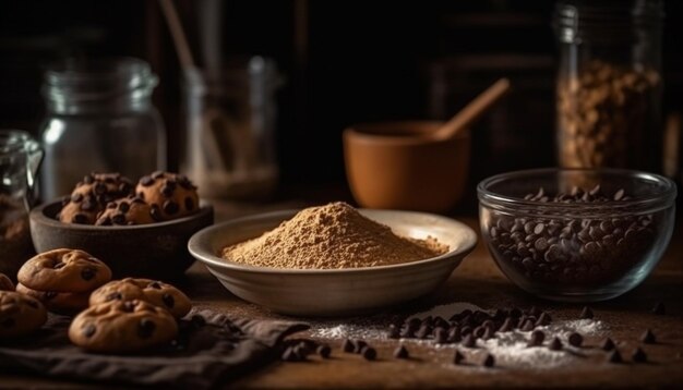 Pila de galletas de chocolate negro sobre una mesa rústica de madera con leche generada por IA