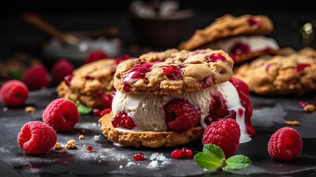 Una pila de galletas con frambuesas encima