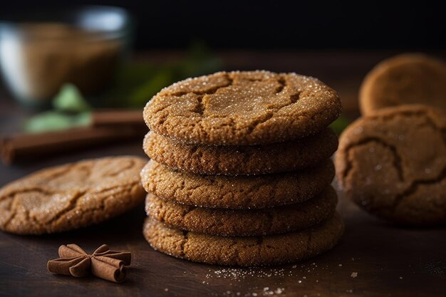 Una pila de galletas de jengibre con palitos de canela a un lado.