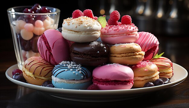 Pila de galletas macarrones caseras en un plato rosa, postre indulgente generado por inteligencia artificial