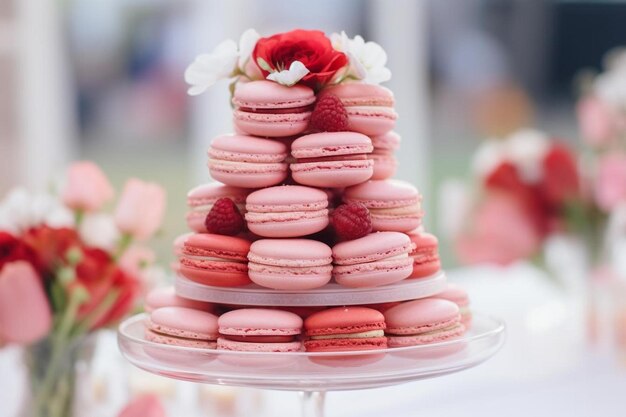 Una pila de galletas de macarrones con queso rosas y blancas.