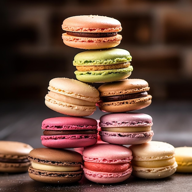 una pila de galletas de macarrones con queso rosas y verdes.