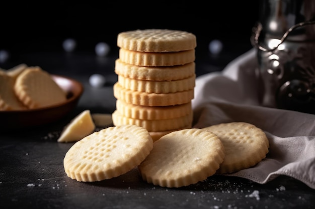 Una pila de galletas de mantequilla de chocolate con una taza de té al lado.