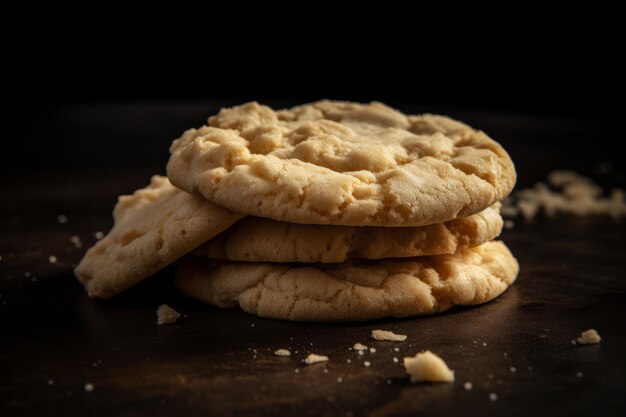 Pila de galletas de mantequilla de maní sobre un fondo oscuro