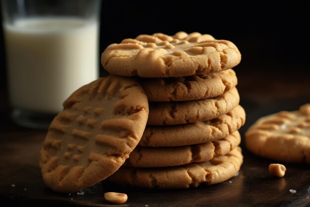 Una pila de galletas de mantequilla de maní con un vaso de leche al fondo.