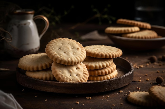 Una pila de galletas de mantequilla en un plato con una jarra de leche detrás.