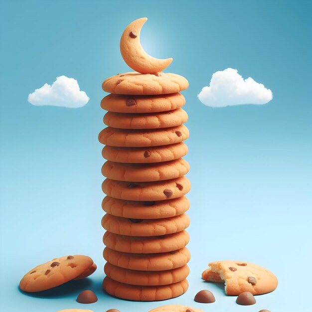Foto una pila de galletas recién horneadas se enfría aisladas en un plano de fondo azul del cielo tentador con calor