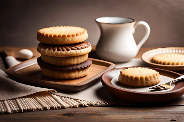 Una pila de galletas con una taza de leche sobre la mesa.