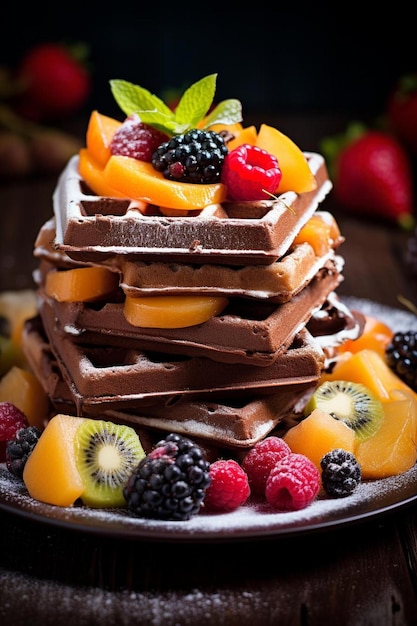 una pila de gofres cubiertos de chocolate con frutas y bayas.