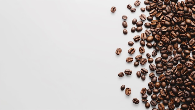 una pila de granos de café en un fondo blanco con unos cuantos granos de cafe
