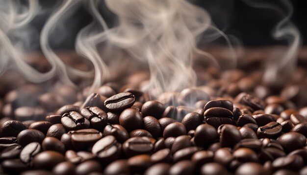 una pila de granos de café con humo saliendo de ellos