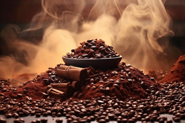 Foto una pila de granos de café tostados con humo creado con ai generativa