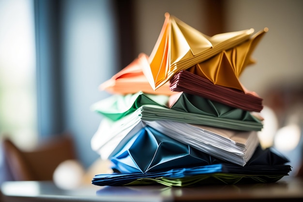 Una pila de grullas de papel de origami se apilan una encima de la otra