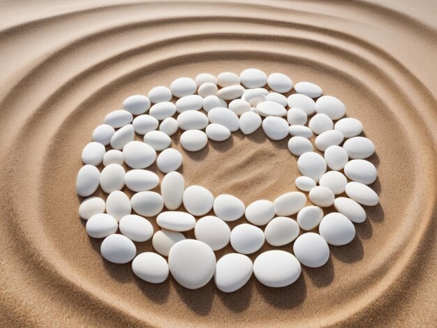 Una pila de guijarros blancos que forman un patrón circular en una playa de arena