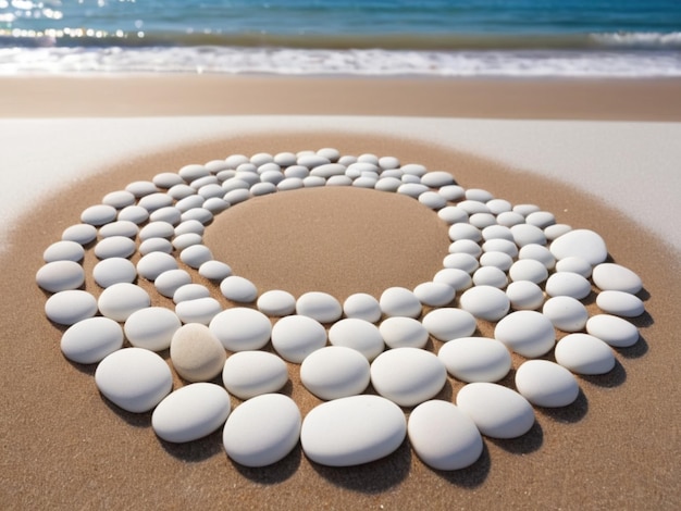 Una pila de guijarros blancos que forman un patrón circular en una playa de arena