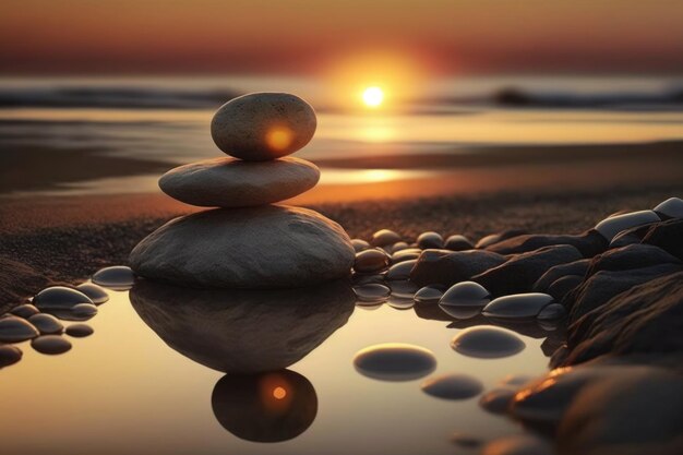 Una pila de guijarros en una playa con la puesta de sol detrás de ellos