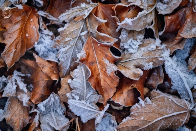 La pila de hojas congeladas crea una textura invernal nevada creada con AI generativa