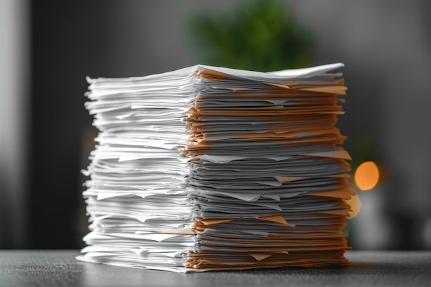Una pila de hojas de papel en la mesa Documentos de papel pegados en la mesa Concepto de negocio