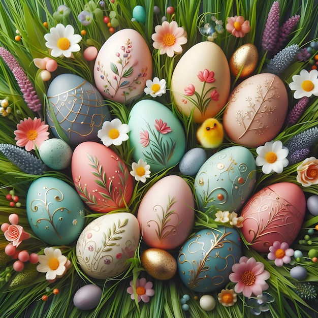 La pila de huevos de Pascua coloridos y un pollo pequeño con flores concepto de diseño del día de Pascua