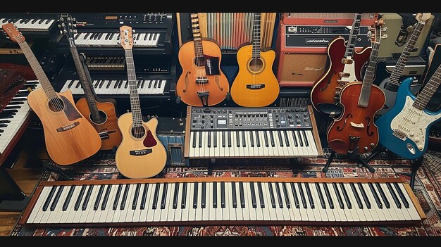 Foto una pila de instrumentos musicales, incluidas las guitarras