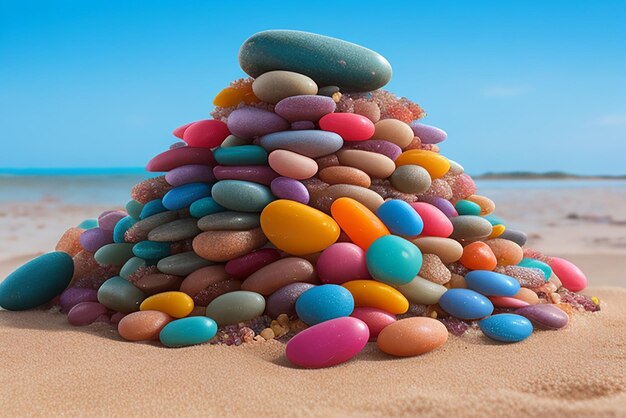 Una pila de jaleas sentadas en la parte superior de una playa de arena