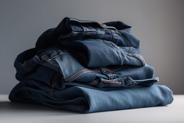 Una pila de jeans azules con la palabra denim en el frente.