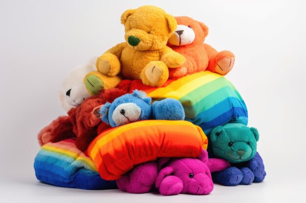 Foto pila de juguetes de peluche en colores del arco iris creados con ai generativa