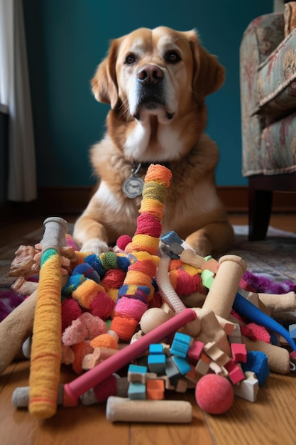 Pila de juguetes para perros y huesos para masticar en el suelo creados con IA generativa