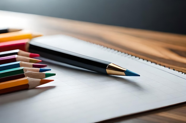 Una pila de lápices de colores sobre un escritorio con un bloc de notas y un bolígrafo.