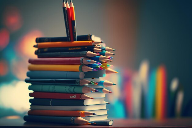 Foto una pila de lápices de colores con uno sostenido por un lápiz.