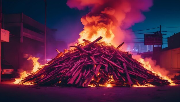 una pila de leña ardiendo en la noche