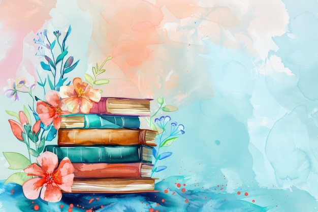 Pila de libros de acuarela con ilustración del globo terrestre con el día mundial del libro blanco en el fondo