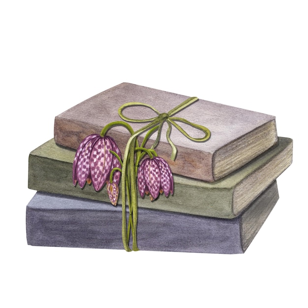 Pila de libros antiguos atados con flor de primavera Fritillary de cabeza de serpiente Ilustración de acuarela dibujada a mano aislada sobre fondo blanco