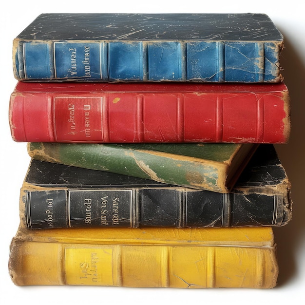 Una pila de libros antiguos con cubiertas de cuero desgastadas y desgastadas