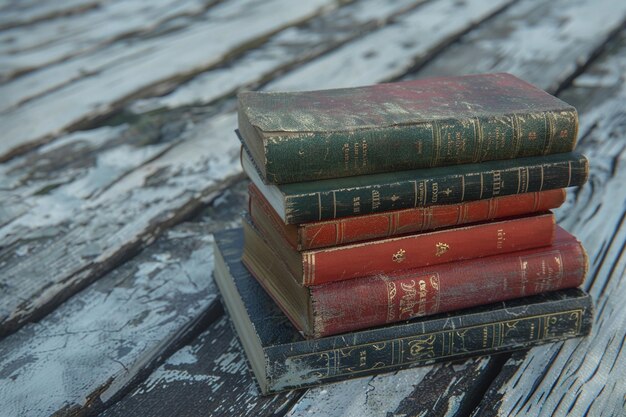 Foto una pila de libros antiguos en una ficha de madera desgastada