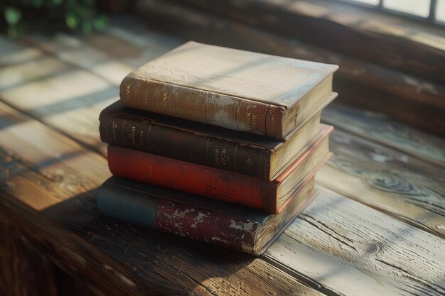 Una pila de libros antiguos en una ficha de madera desgastada